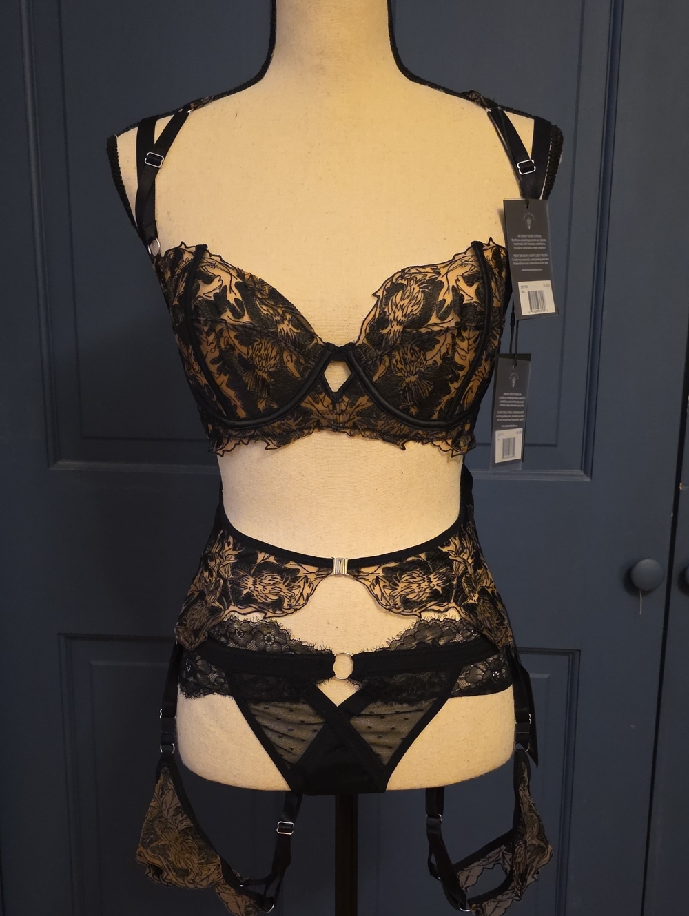 NWT Thistle and Spire Briar Black & Gold Lace Bra & Garter Set W Kane Bikini Med